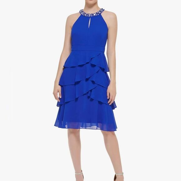 Jessica Howard Blue Chiffon Ruffle Jewel Neck Halter Midi Dress Size 8 NWT - Picture 1 of 16